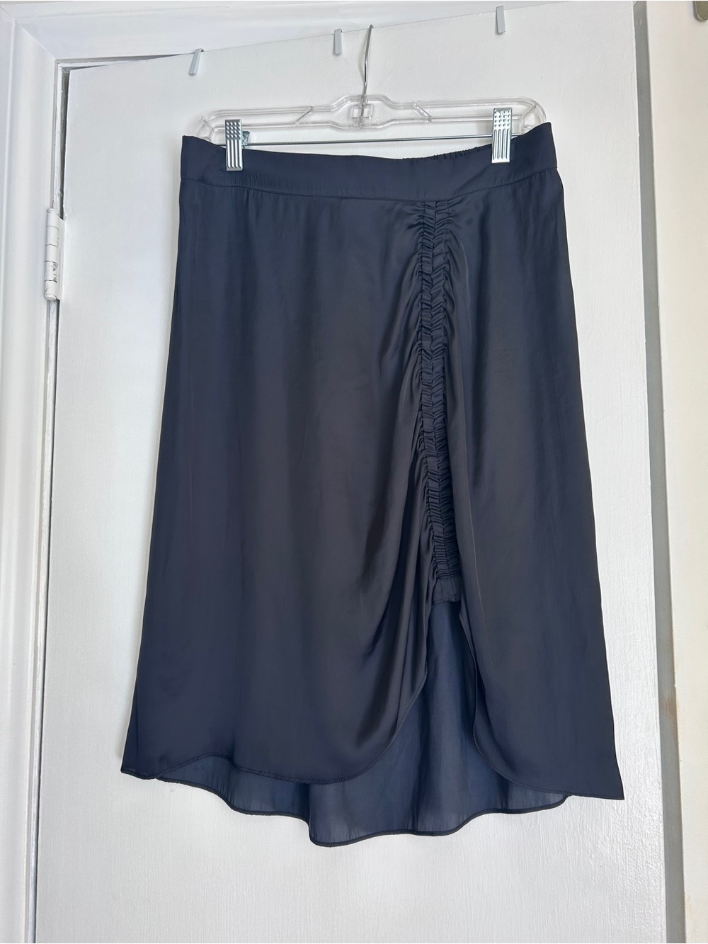 Zadig & Voltaire Silky Flowy Dark Navy Ruched Front Midi Skirt, sz 40